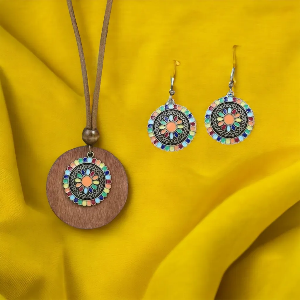 Boho‎ Necklace & Earrings Set Colorful Flower Design Tribal Accessories Tan - Image 3
