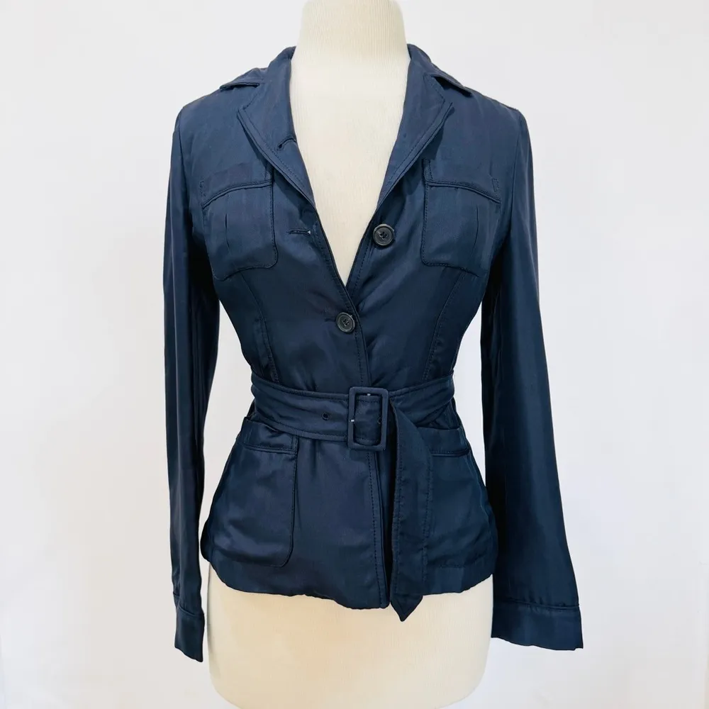 Prada 100% silk belted blazer jacket in navy blue - Image 2