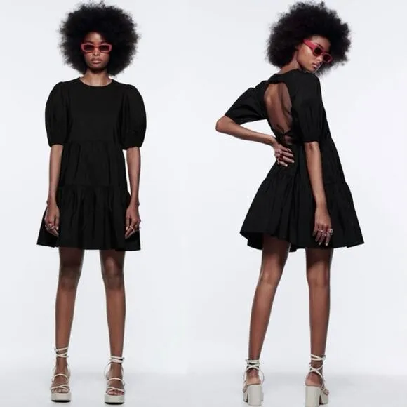 Zara Black Puff Sleeve Tiered Mini Poplin Open Back Tie Waist A-Line Dress Sz XS - Image 2