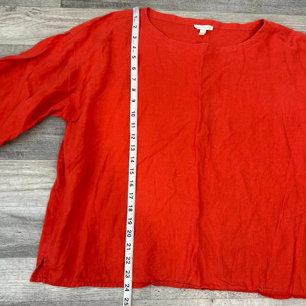 Eileen Fisher red orange organic linen boxy 3/4 sleeve shirt size large H10 - Image 5