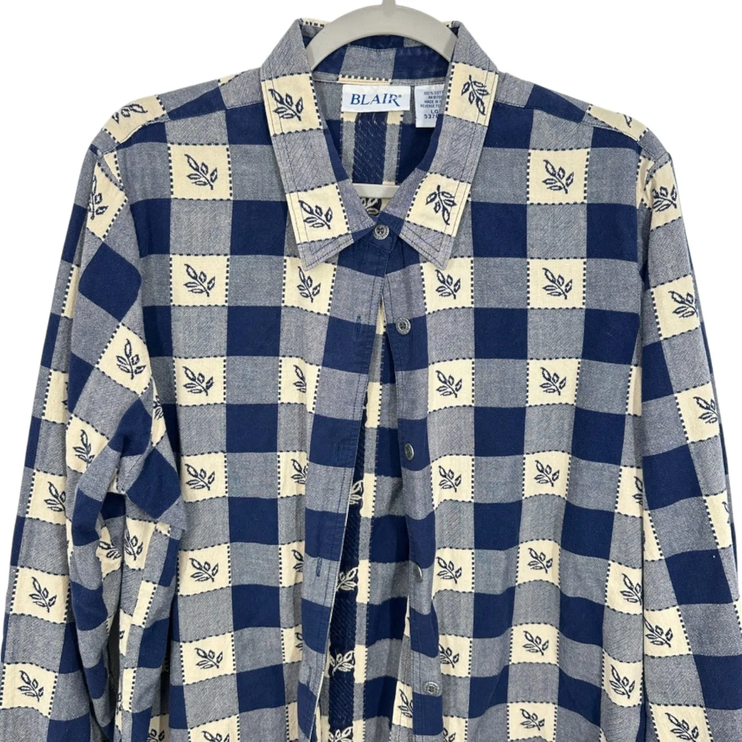 Blair Women's Blue Beige Plaid Leaf Print Button Up Shirt Cottagecore Checkered - Image 3