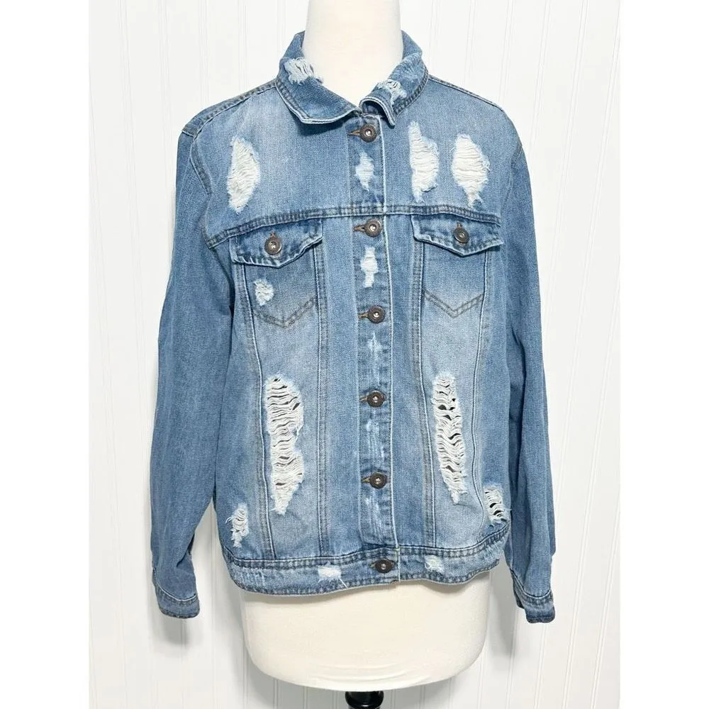 Highway Jeans Women's Distressed‎ Collared Button Down Denim Jacket Blue Size 1X - Image 9