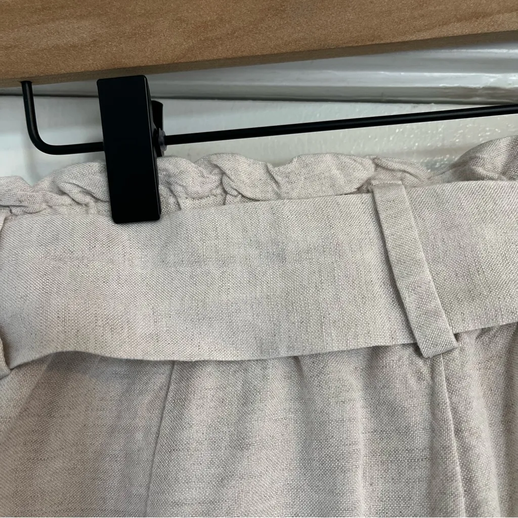 H&M Linen Blend Shorts Women's Cream high waist belt paper bag size 10 bow - Image 6