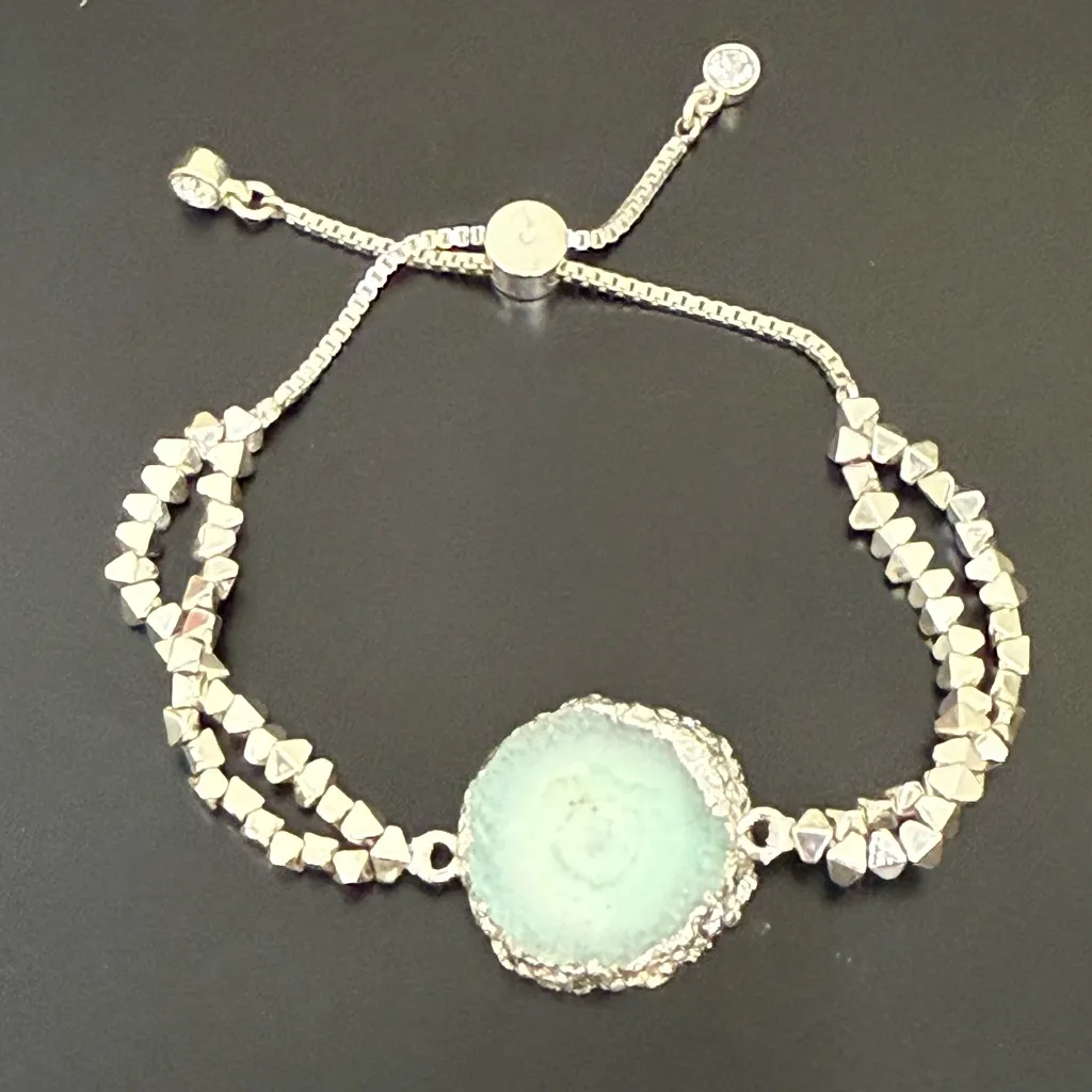 Natural Quarts Druzy Adjustable Slider Bracelet Silver - Image 5