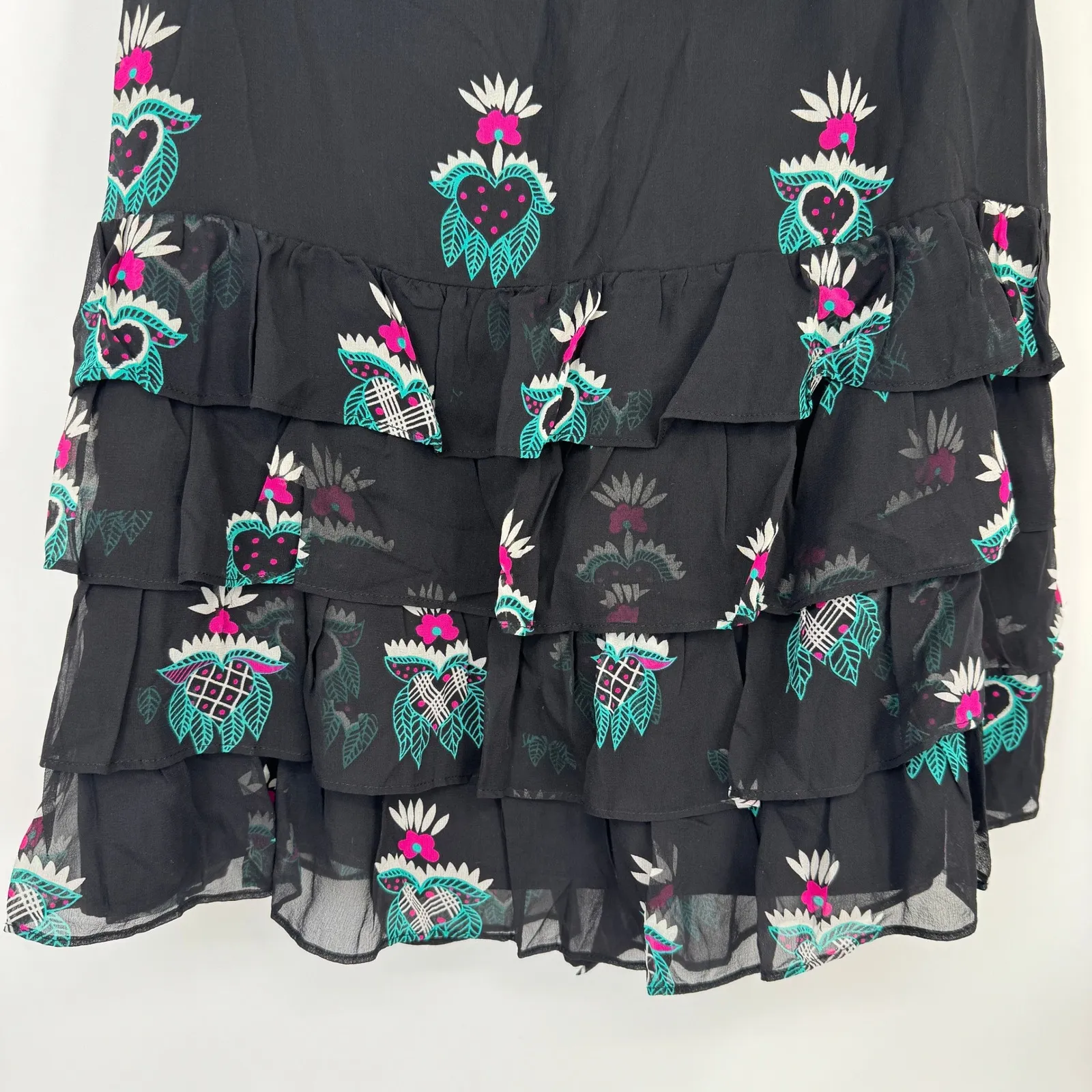 Y2K Celia Birtwell Express Skirt Womens 6 Black Silk Tiered Ruffle Heart Floral - Image 8