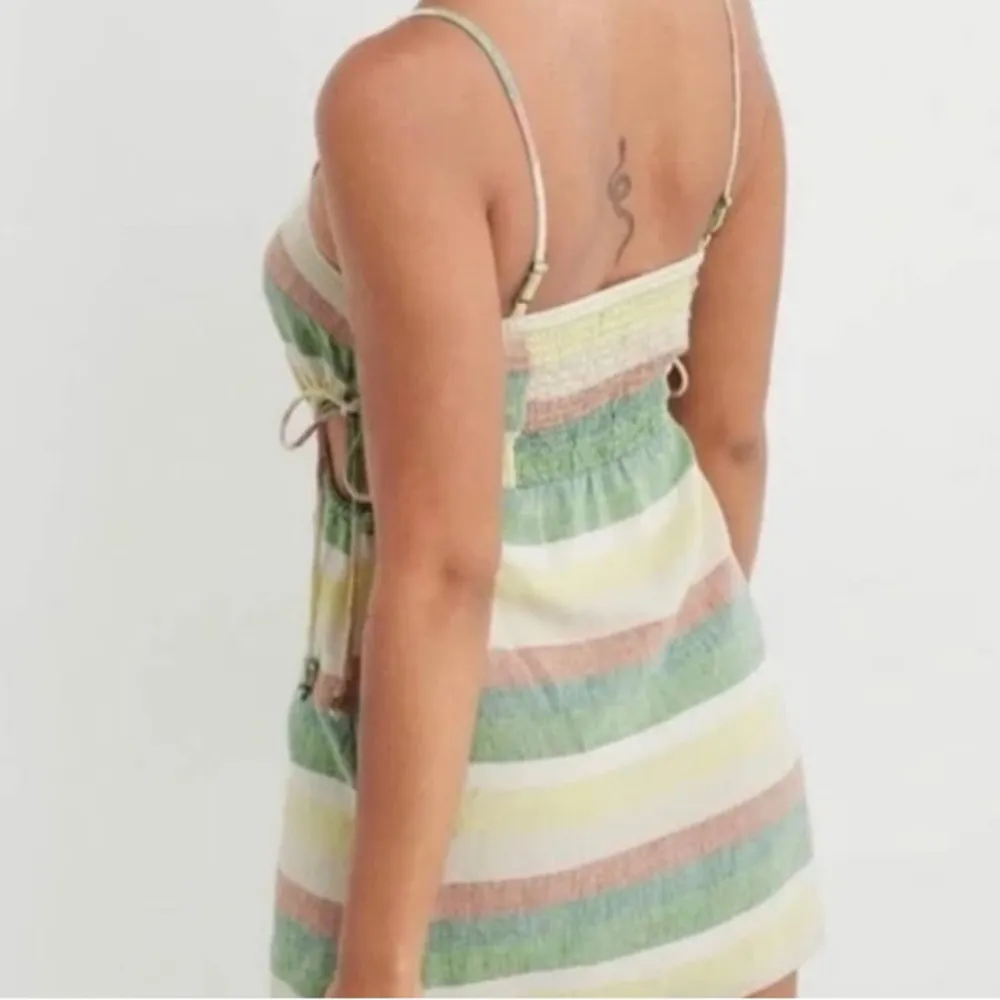 Aerie Green Striped Side Cut Out Linen Blend Mini Dress Size M - Image 2