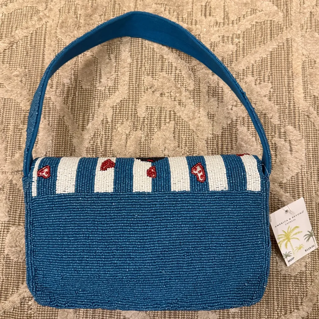 NWT London Blue White Striped Stripes Beaded Shoulder Bag America and Beyond New - Image 4