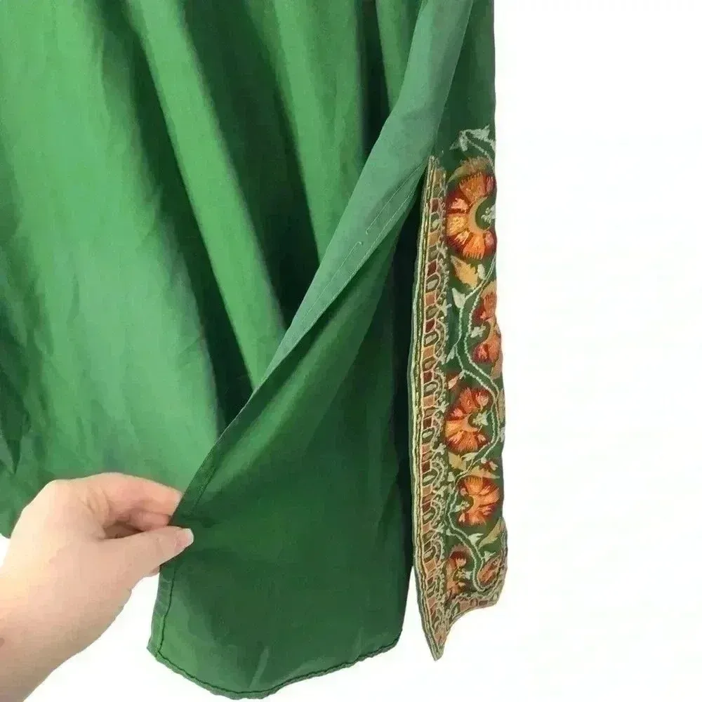 VINTAGE GREEN MOROCCAN EMBROIDERED CAFTAN KAFTAN DRESS OSFM BOHO FESTIVAL Size L - Image 15