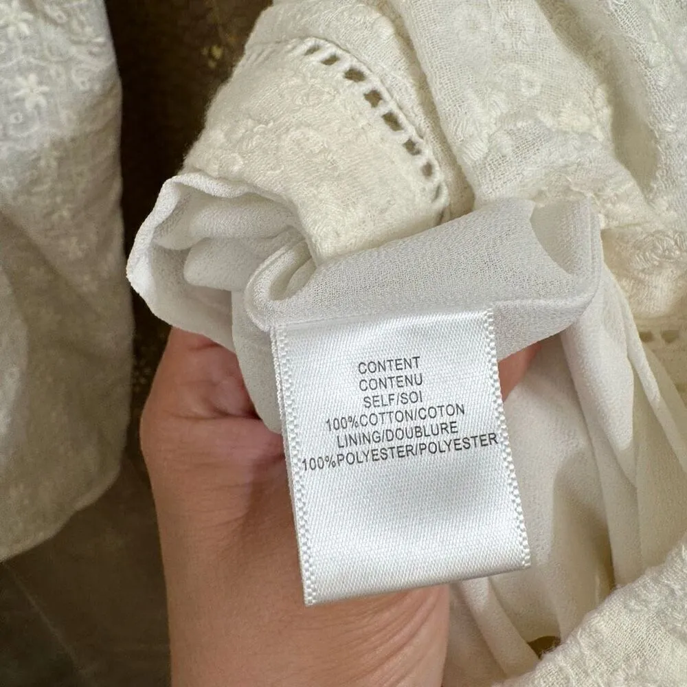 WAYF White Long Sleeve Lattice Trim Floral Eyelet Shorts Romper Small - Image 8