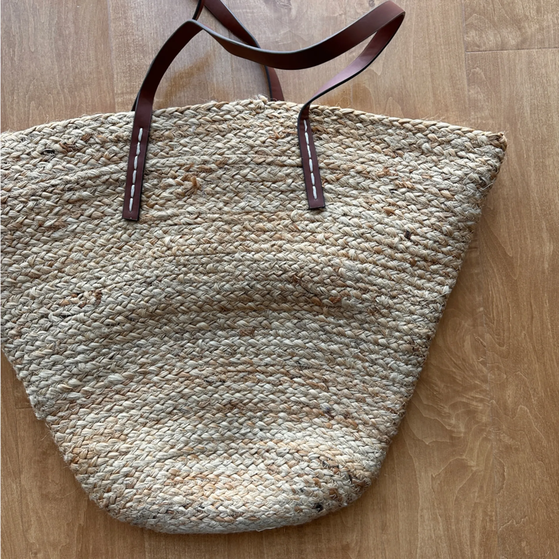 Mango Jute Basket Bag, Large Beach Tote, Drawstring Vacation Leather Handle Bag - Image 9