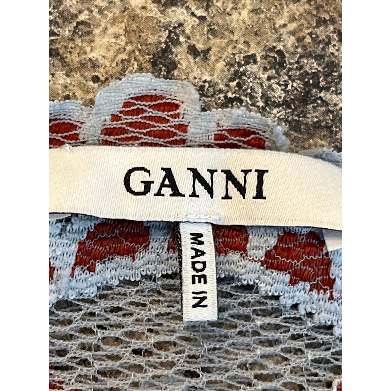 Ganni Size US 8/10 The Ruched Lace Blouse Burnt Red and White Floral Semi Sheer - Image 6