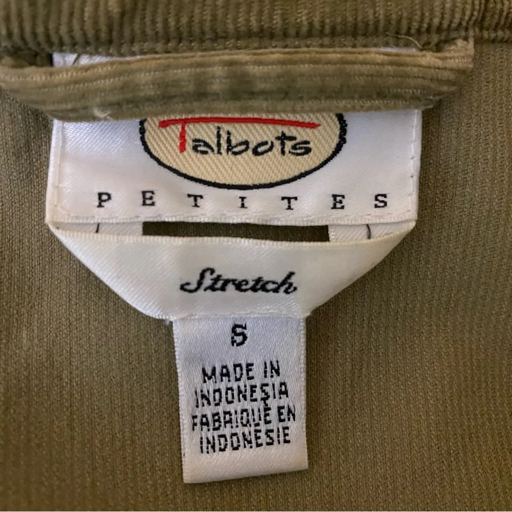 TALBOTS PETITES Army Green Khaki Brown Corduroy button Jacket Pockets Small EUC - Image 9