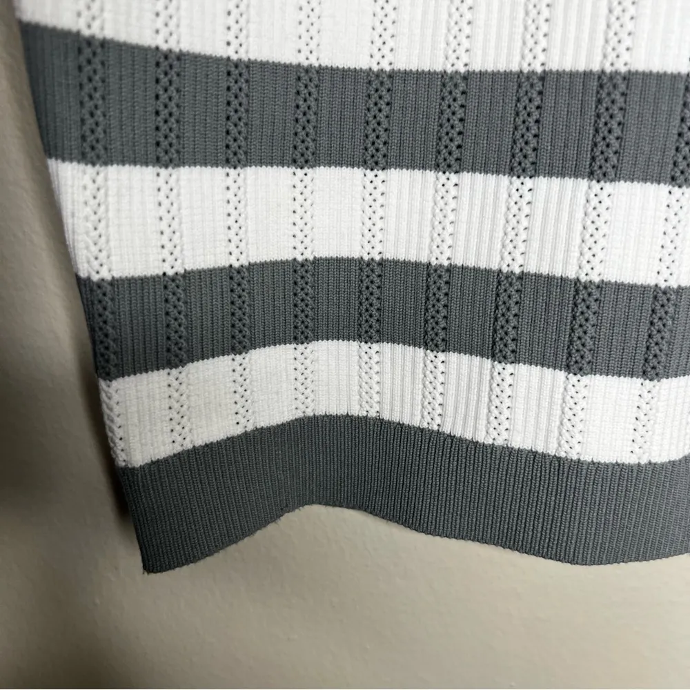 Happily Grey Pointelle Stretch‎ Knit Striped Ribbed High Neck Halter Tank Top Gray Size L - Image 2