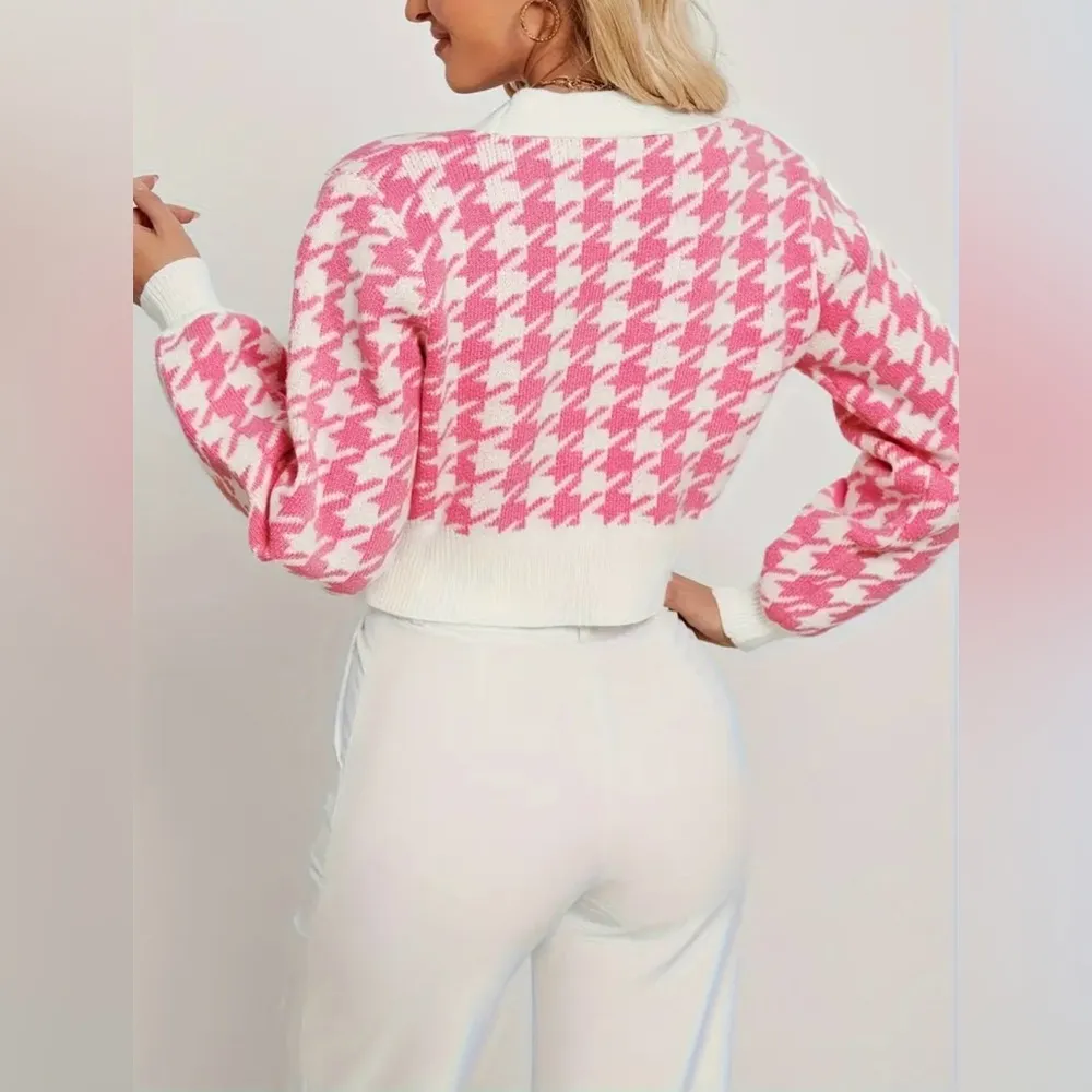 Pink Houndstooth Button Front Cardigan Size L - Image 3