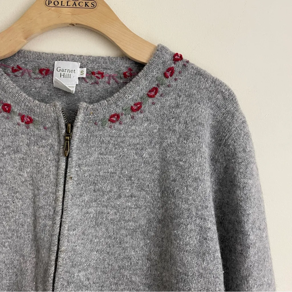 Garnet Hill Wool Angora Zip Cardigan Floral Embroidered Gray Size S - Image 3