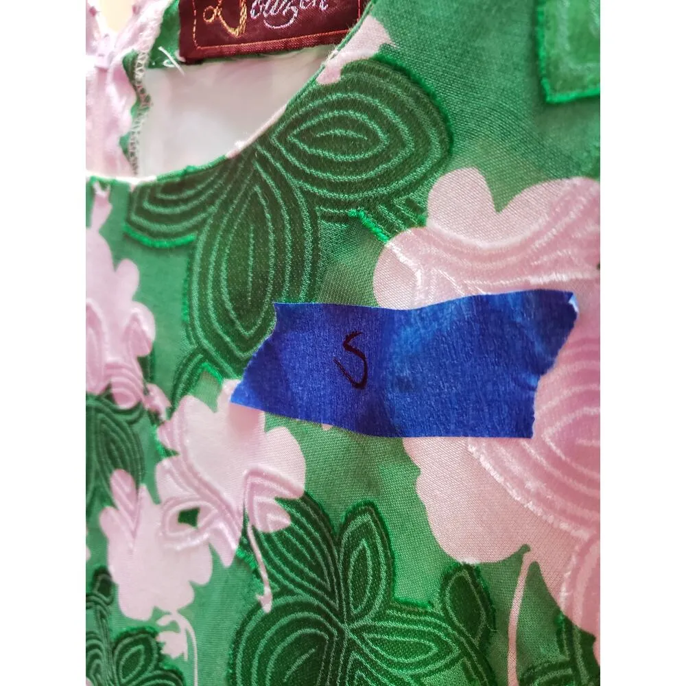 VTG Maxi Dress Women's Small Green Floral Lined Crew Neck Long Sleeve Back Zip - Image 9