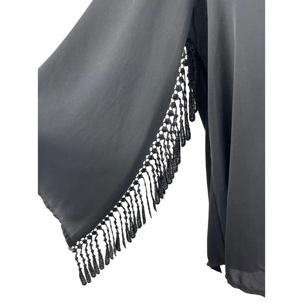 Haute Society Black Sheer Pullover High Low Crochet Tassled Sleeves Top XL - Image 2