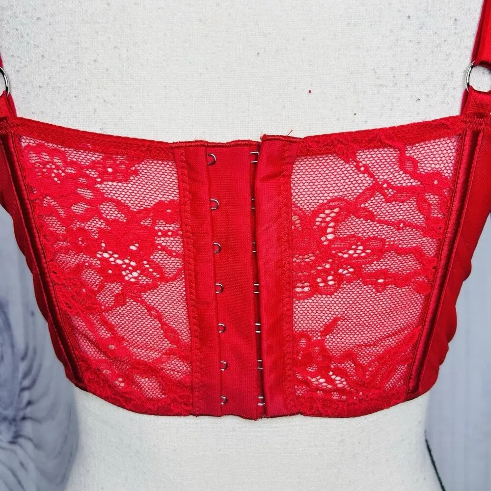 Victoria's Secret Red White Heart Lace Bustier Corset Longline Bra Size M - Image 9