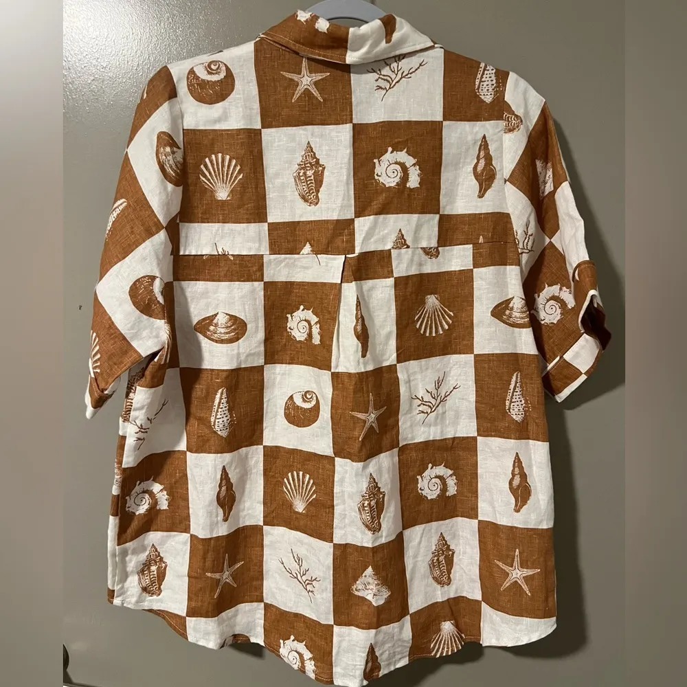 DISSH Mele Linen Button Down Top Blouse Shell Print Vintage Inspired Size US 2 Brown - Image 4