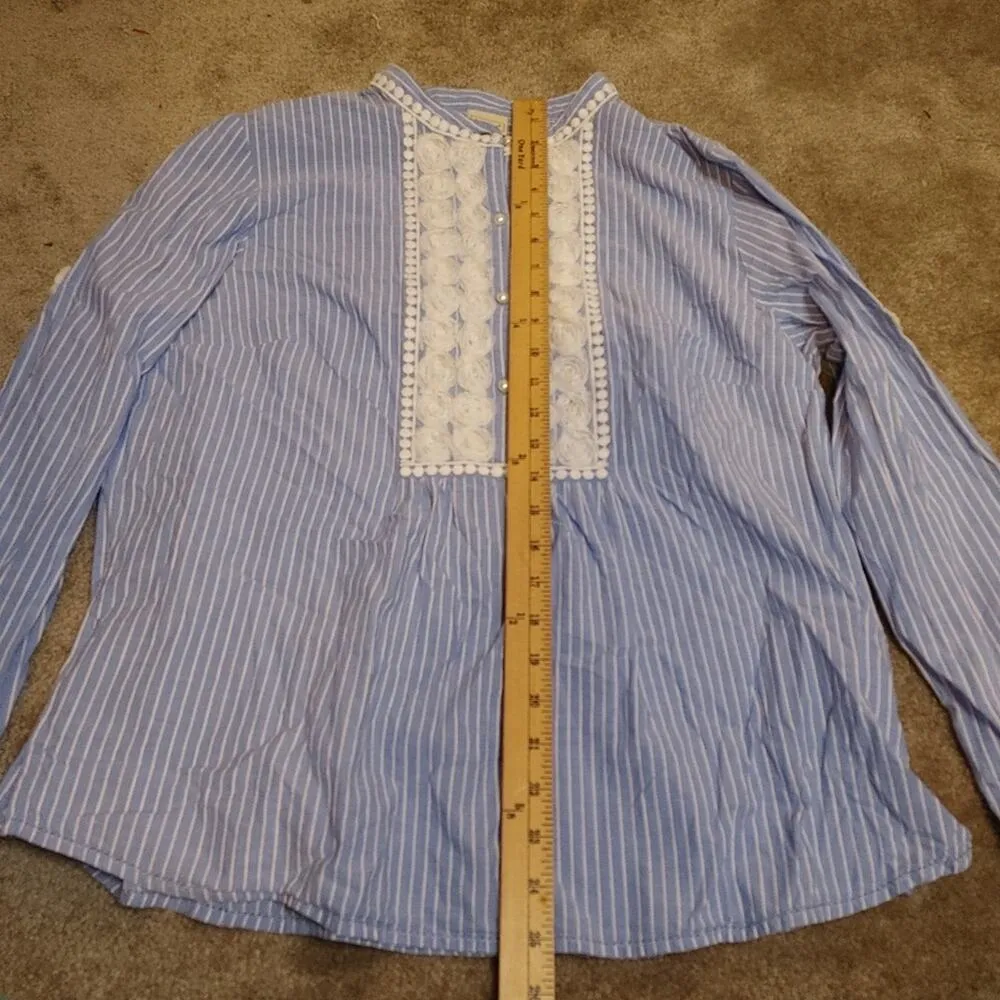 LL Bean Size Large White Blue Long Sleeve Pearl Button Top Stripes Frilly Rose - Image 10