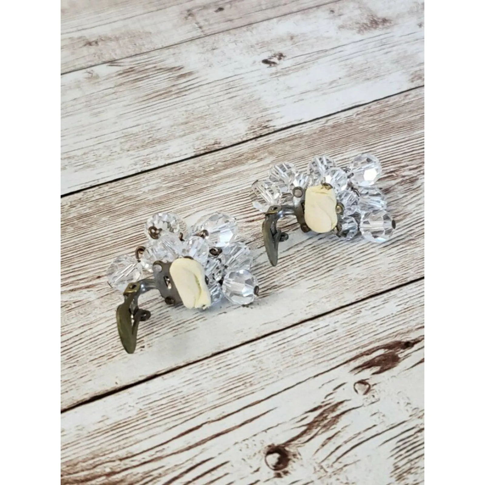 Vintage Clip On Earrings Clear Bead Cluster Dangle - Image 4