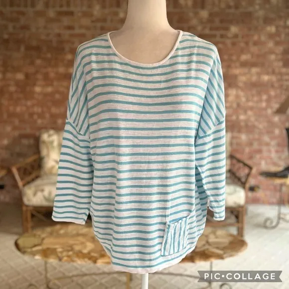 J. Jill Top Striped Linen Blend 3/4 Sleeve Blue White LP Casual Nautical Preppy Size undefined - Image 2