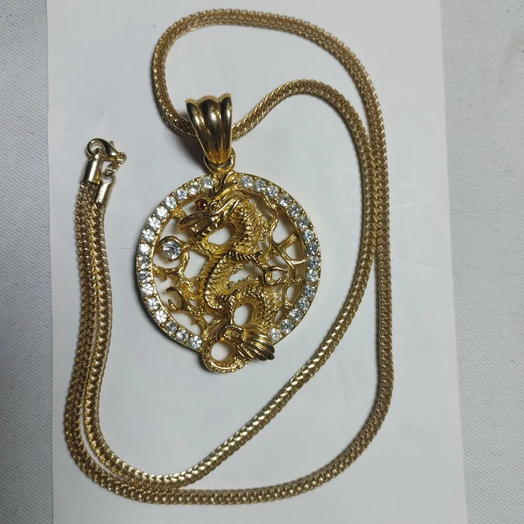 Gold Chinese Dragon Year Pendant Necklace Gold Tone Rhinestones 22 inch Chain - Image 11