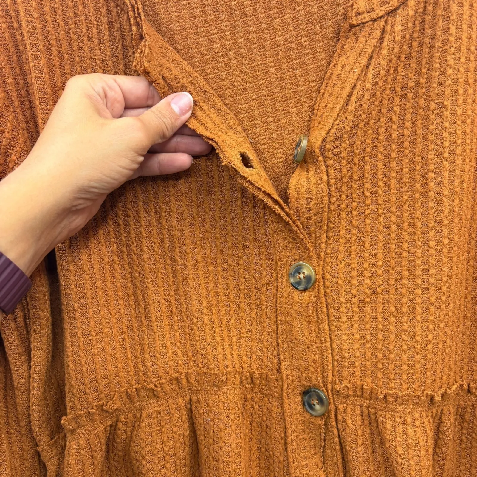 Umgee Women's‎ Waffle Knit Baby Doll Peplum Top Long Sleeve Boho Size S - Image 4