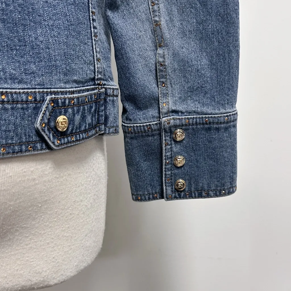 St John Sport Denim Medium Wash Rhinestones Gold Monogram Buttons Jacket Small - Image 8
