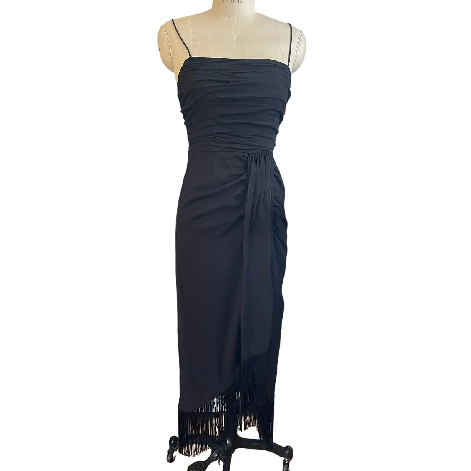 L'Academie Fringed Black Party Dress The Nanette Midi Length Size Small - Image 3
