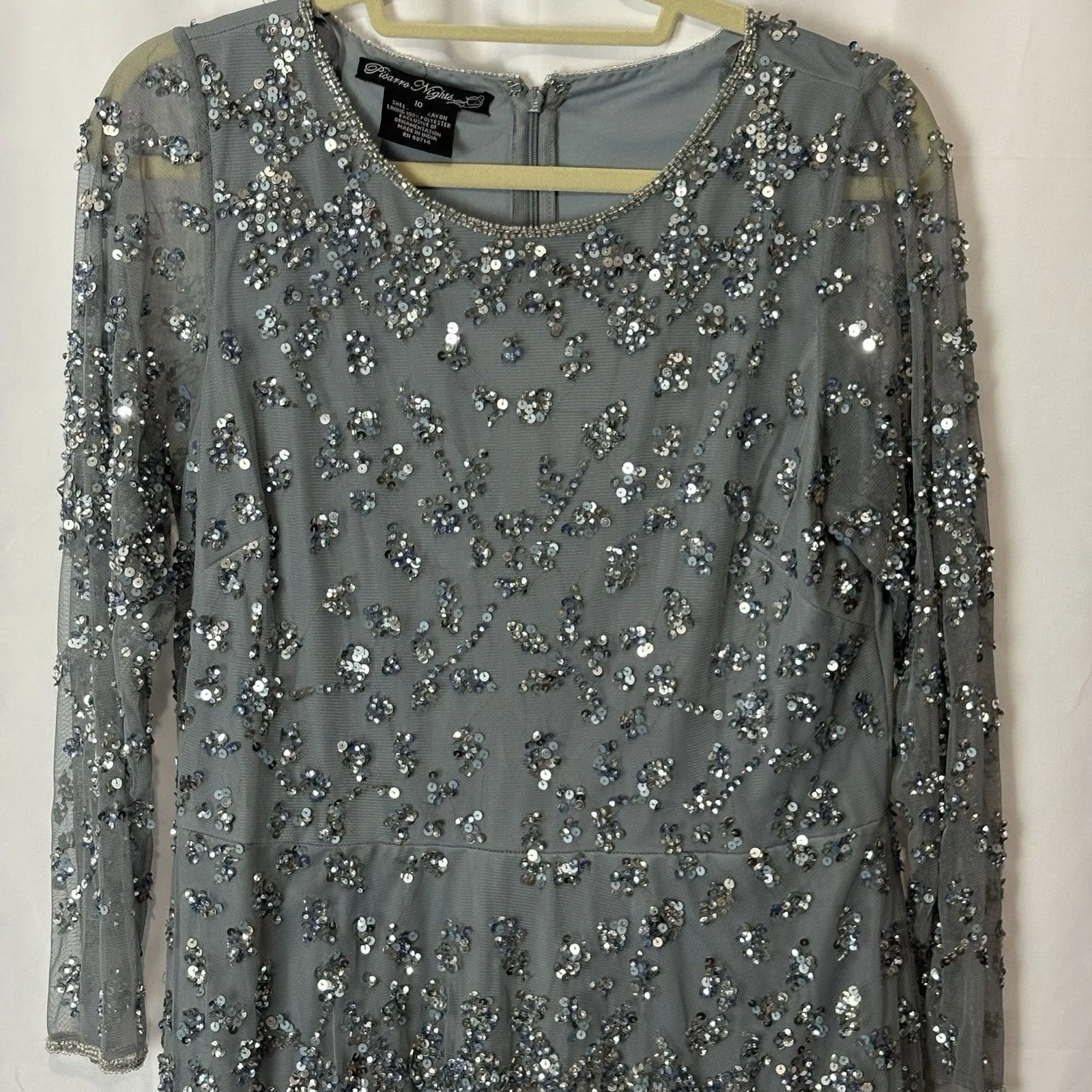 Pisarro Nights Women's Silver Beaded Sequin Long Sleeve Sheath Dress Sz 10 Hoco - Image 2