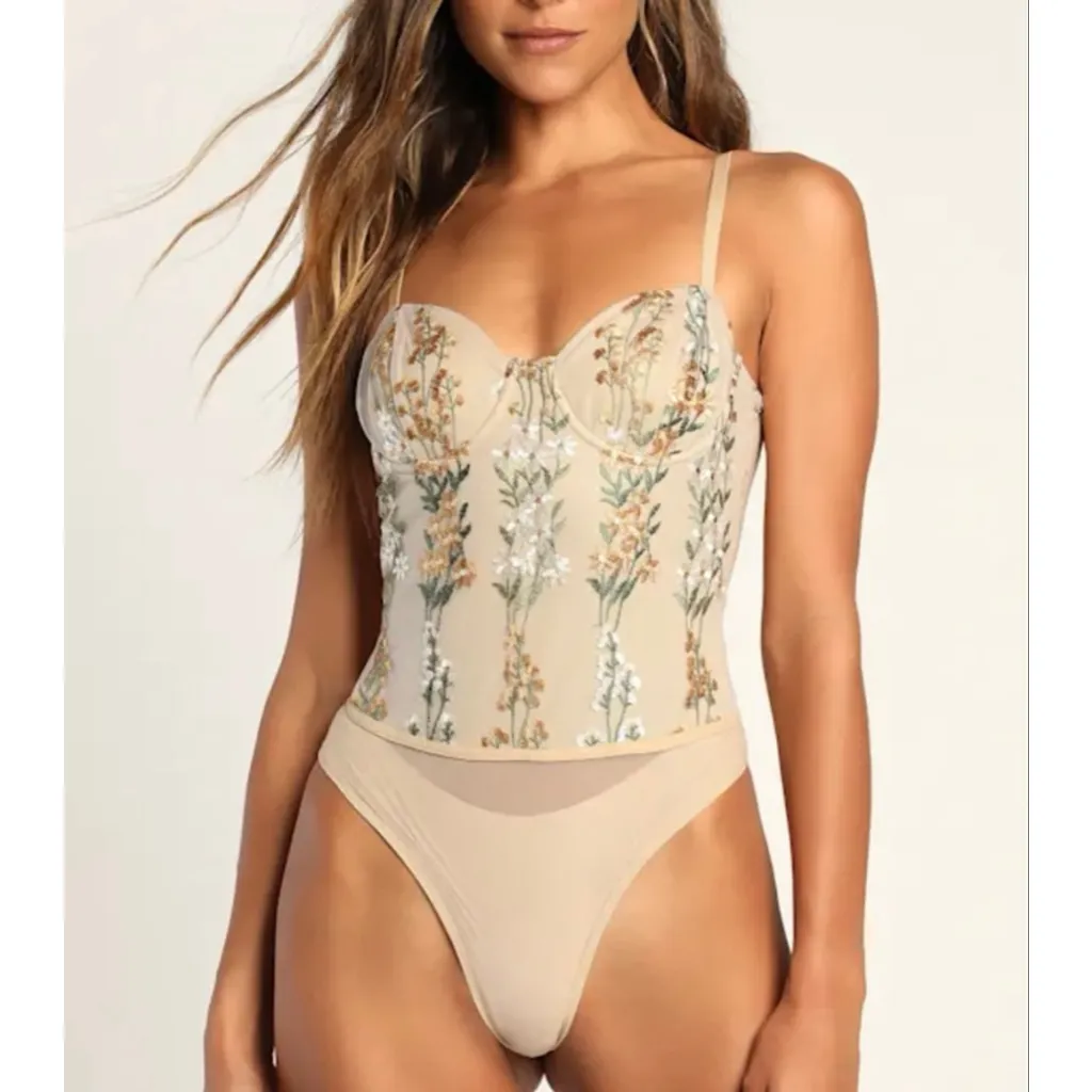 Lulus XS Embroidered Floral Mesh Bodysuit Beige Nude Sheer Corset Bustier Style - Image 2