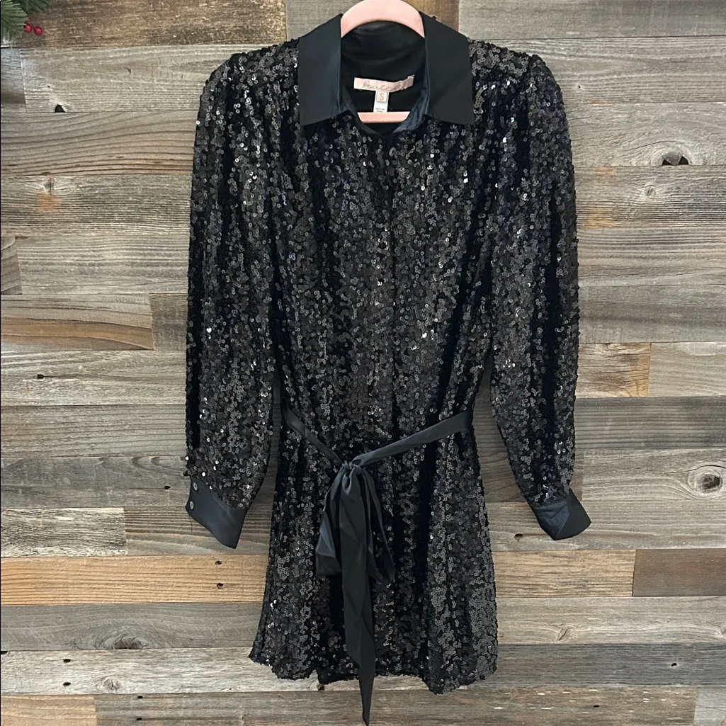 Hutch Black Sequin Satin Collar Tie Waist Mini Shirt Dress Size Small NWT - Image 3