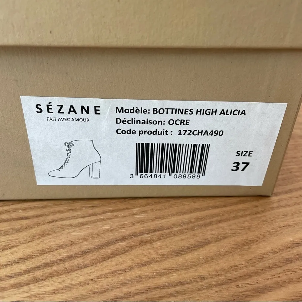 Sezane Alicia Heeled Booties 6.5 NIB Lace Up Suede Leather French Almond Toe - Image 9