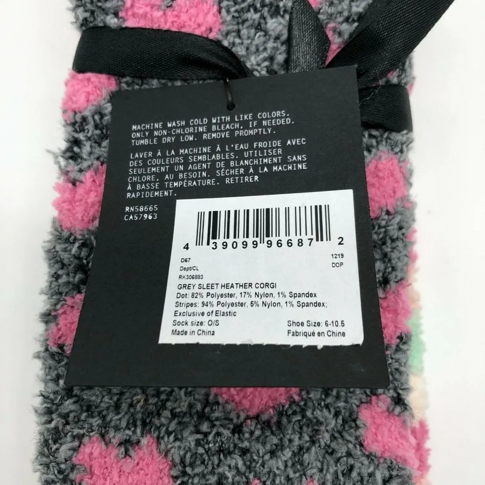 Free Press Womens Cozy Socks Fleece Soft Novelty Dog Corgi Gray Pink Striped OS - Image 3
