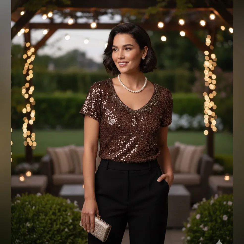 LUISA SPAGNOLI Women’s Bronze Short Sleeve Sequin Top Brown Size M - Image 2