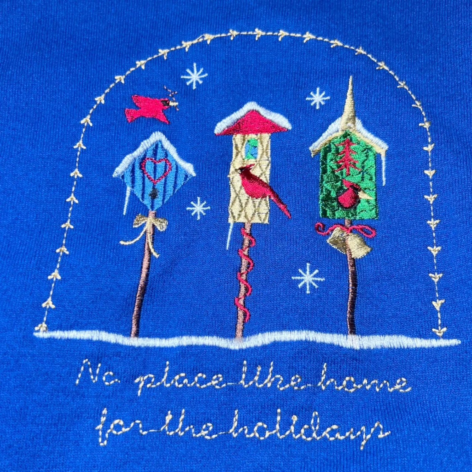 Vintage Holiday Embroidered Birdhouse Sweatshirt Womens XXL Blue Christmas Cozy - Image 7