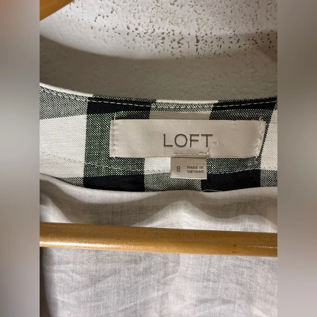 LOFT Picnic Black White Buffalo Plaid Check‎ Linen Puff Dress Size 8 - Image 3