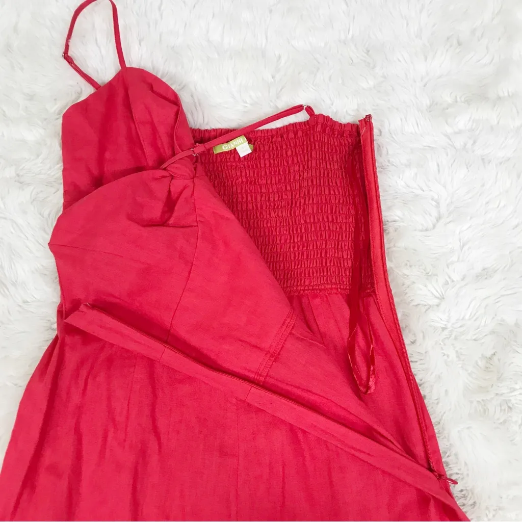 GIANNI BNI Red Linen Spaghetti Strap Wide Leg Jumpsuit Tie Bow Front Size‎ 4 New - Image 8