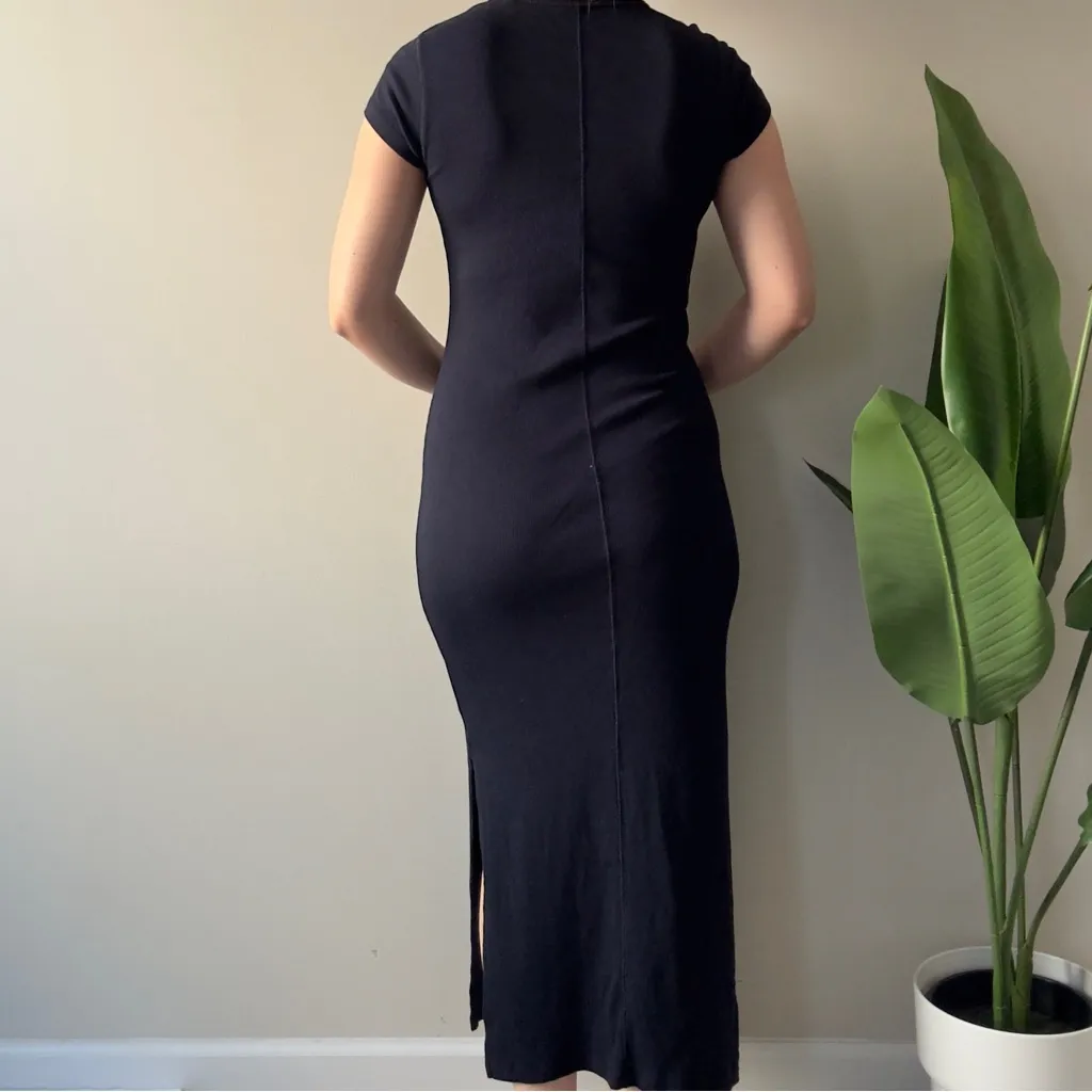 Elie Tahari Navy Midi Dress ribbed short sleeve Bodycon slit side solid casual S - Image 2