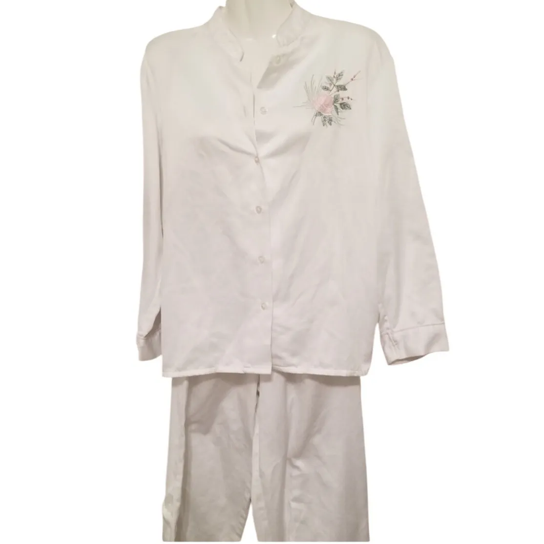 VTG Kay Anna International Pajama Set Floral Embroidered Button Front Top Pant L White Size undefined - Image 12