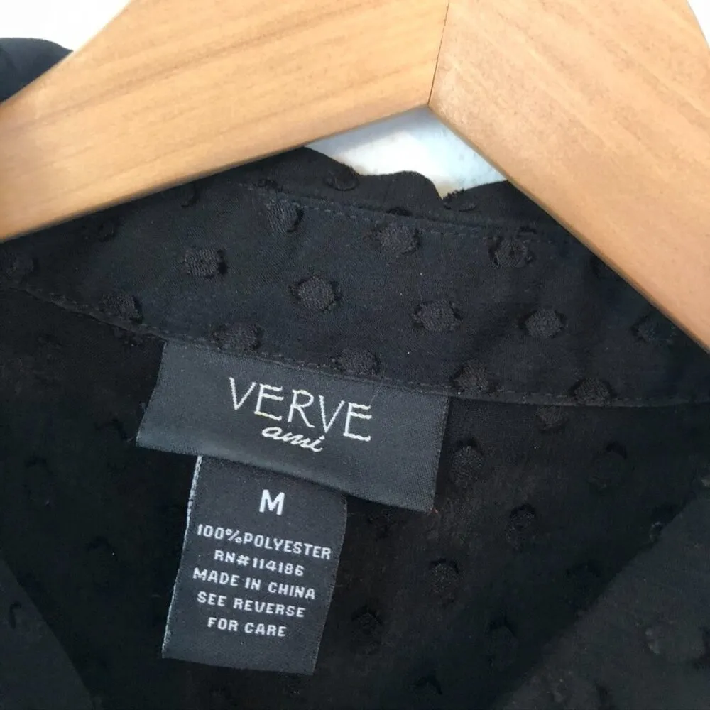 VERVE AMI Black Swiss Dot Roll Tab 3/4 Sleeve Preppy Sheer Button Down Shirt M - Image 3