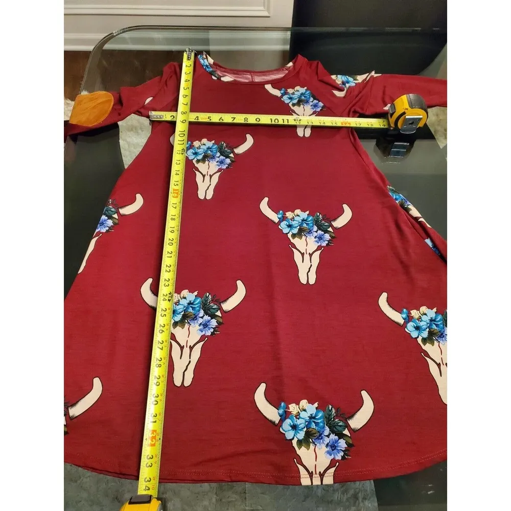 Maroon Floral Polyester Round Neck Long Sleeve Knee Length Pockets Dress Small - Image 8