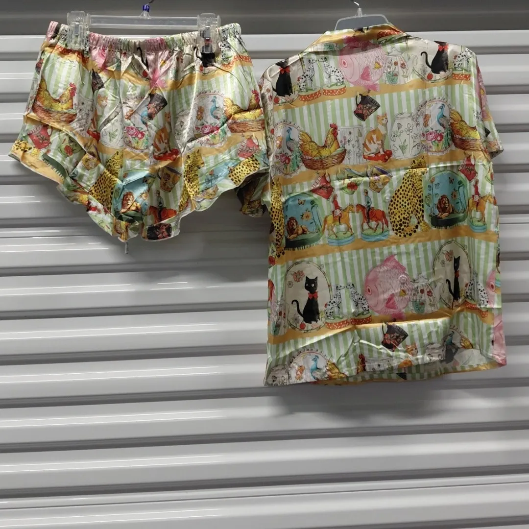 Womens Satin Pajama Set Size Large Whimsical Animal Print Cottagecore Sleepwear - Image 3