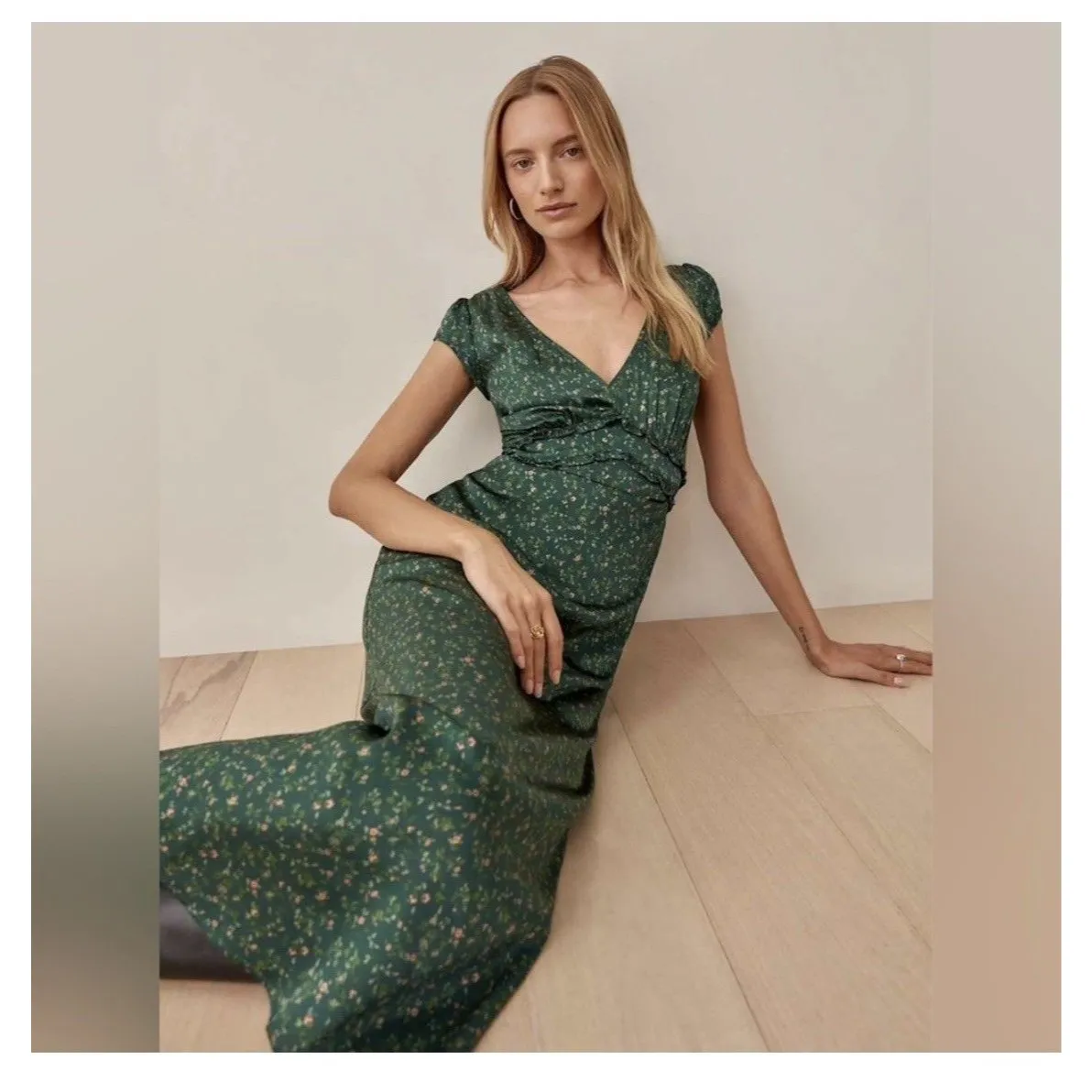 Reformation Kaye Silk Dress Women’s Size 8 Coriander Green Floral Seen On Tv - Image 5