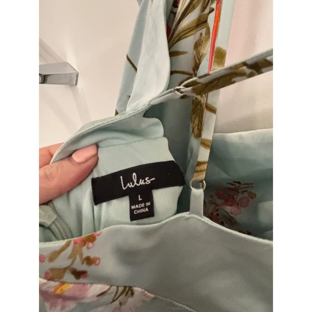 Lulus Dress Womens Large Still The One Maxi Blue Floral Satin Sleeveless - Image 9