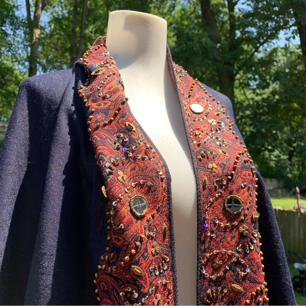 Unbranded Womens Rectangular Wrap Scarf Shawl Navy Blue Mirrors Embroidered - Image 2