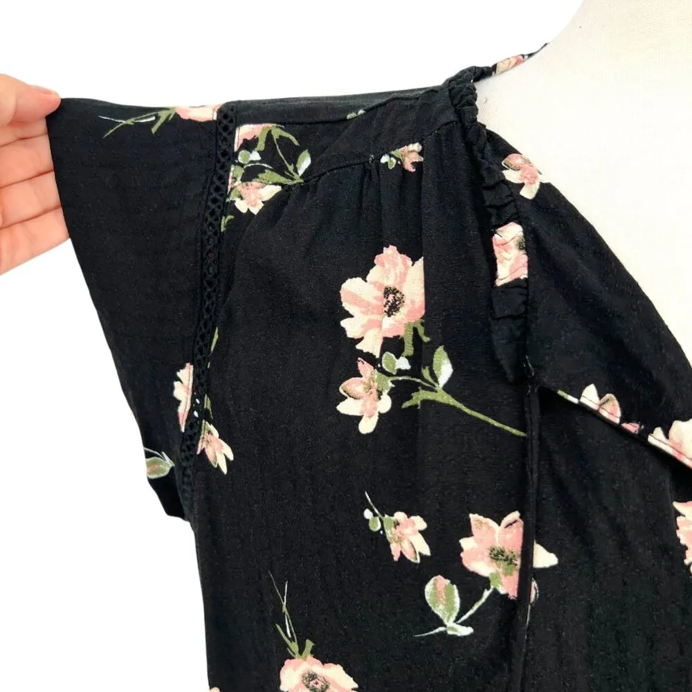 Buffalo David Bitton Floral Short Sleeve Blouse Black Pink Lightweight Size XL - Image 3