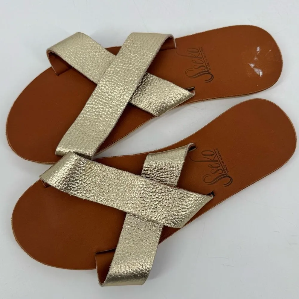 Sseko Gold Leather Cross Slide Sandals Size‎ 10 Gold - Image 3