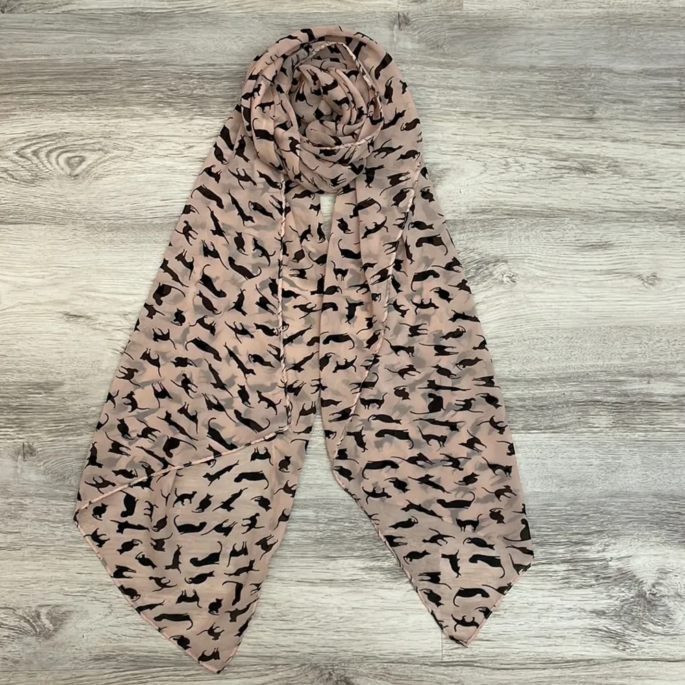 Pink with Black Outline Cat Figures Women's Sheer Scarf / Wrap / Shawl - Image 5